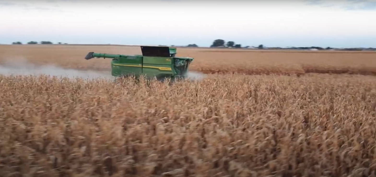 A John Deere Harvester rolling through a corn field.